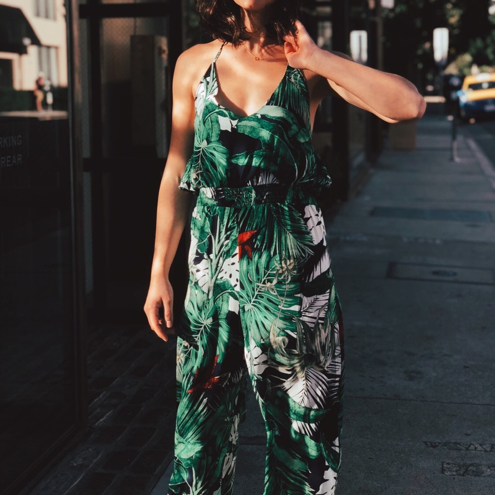Tropical leaf print jumpsuit